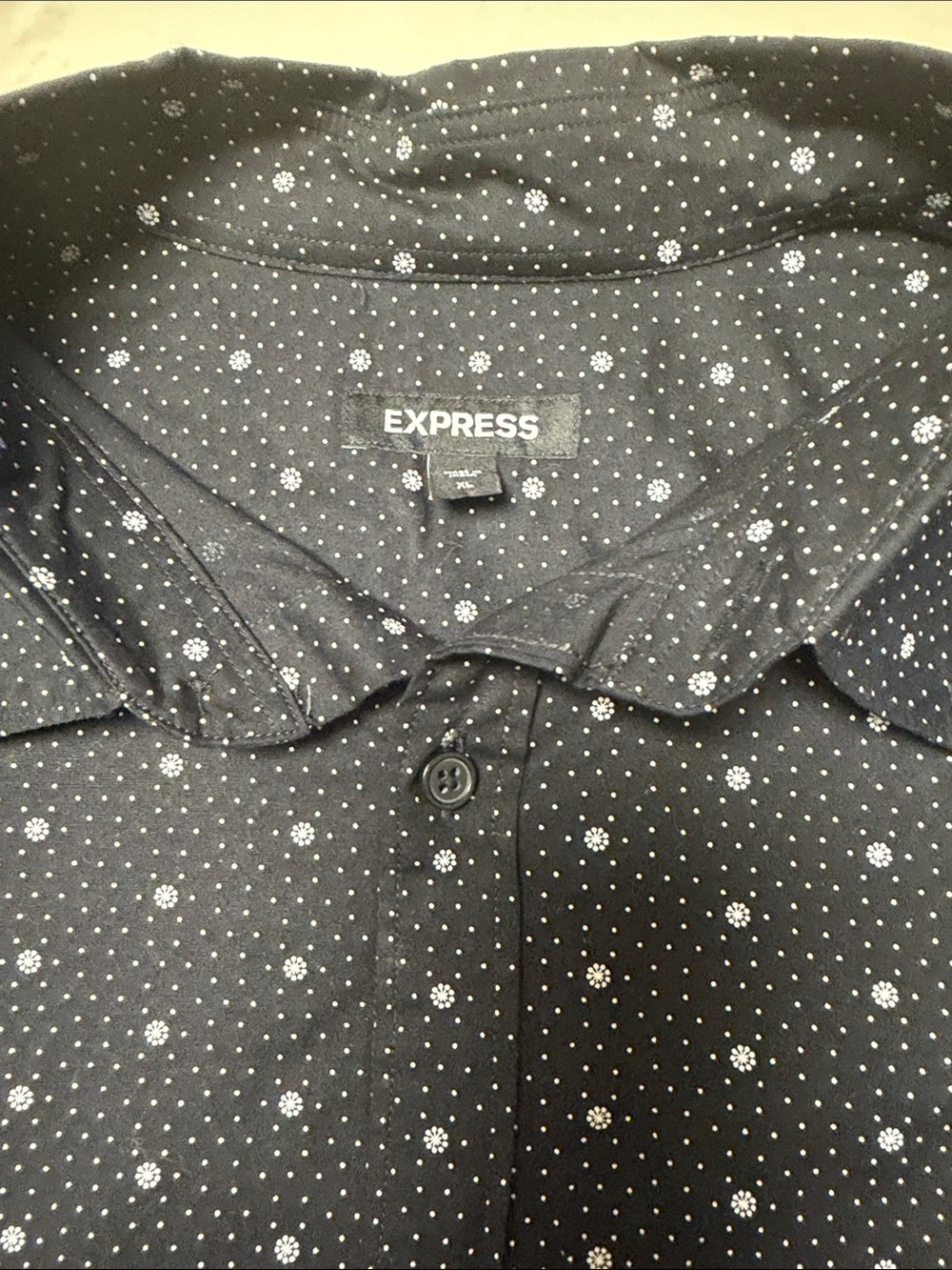 Express Men’s Black Button-Down Shirt with White Micro Dot & Floral Print